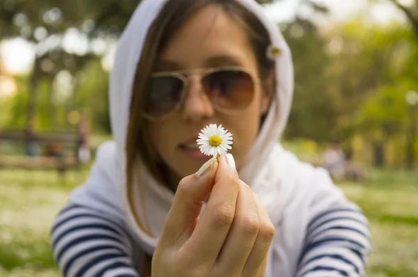 Menina segurando margarida — Fotografia de Stock