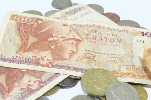 Grecki stary waluty drachmy banknotów na biały — Zdjęcie stockowe