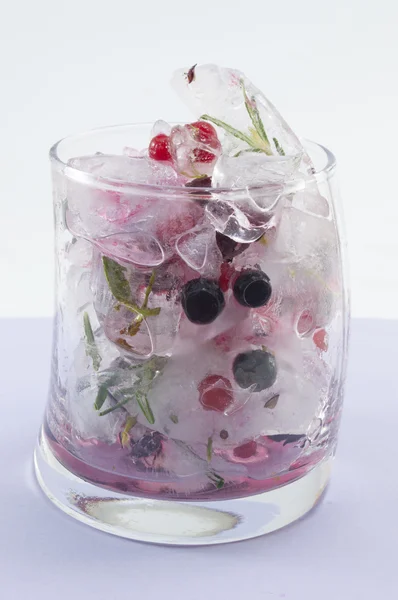 Red forest fruit cocktail with ice, lemon and sliced fruits in a — Stock Photo, Image