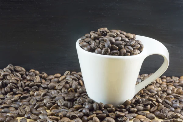 White coffee cup filled with coffee beans placed on roasted coff — Stock Photo, Image