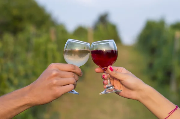 Ženské a mužské ruky řinčí poháry ve vinici a dri — Stock fotografie