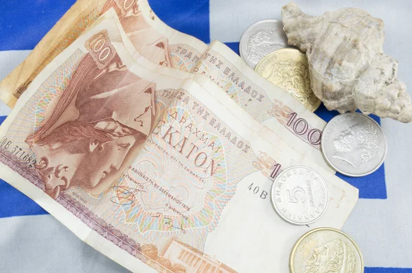 Grecki stary waluty drachmy banknotów i powłoki na grecki fl — Zdjęcie stockowe