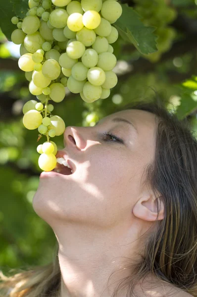 Girl eating grapes directly from the tree — Stockfoto