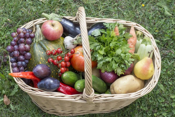 Большая корзина с фруктами и овощами — стоковое фото