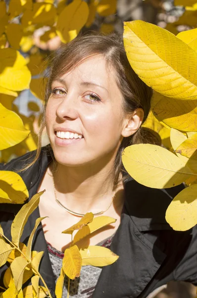 Felice ragazza bruna tra foglie di autunno giallo — Foto Stock