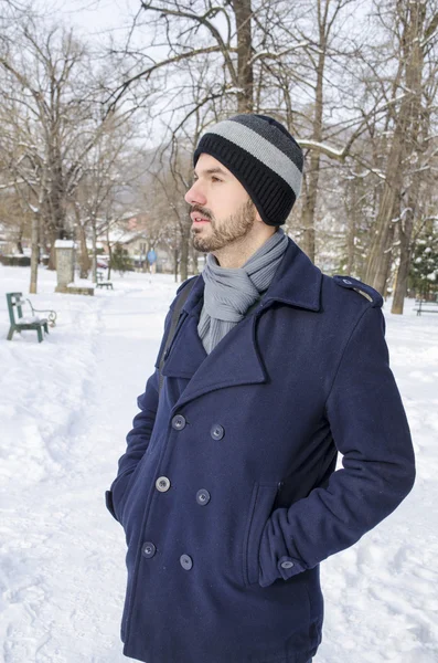 Young skäggig man i en park en vinterdag — Stockfoto