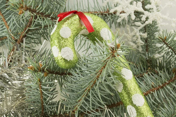 Dulces de piruleta en una rama de árbol de Navidad de abeto — Foto de Stock