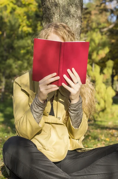 Menina loira lendo um livro em um parque em um dia ensolarado — Fotografia de Stock