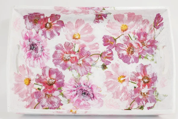 Decoupage decorated tray with flower pattern — Stock Photo, Image