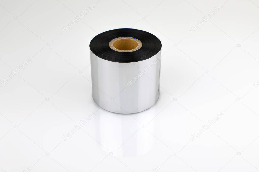 Thermal transfer tape for printing on a white background. Thermal transfer ribbon. Production of labels using thermal printing technology