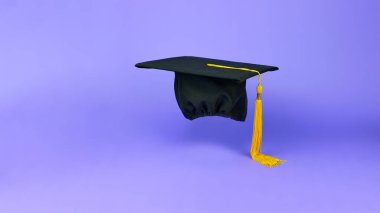 Mor arka planda siyah mezuniyet şapkası. Okula dönüş konsepti. Siyah Havan Tahtası Kaptanı. Mezuniyet web afişi arkaplanı.