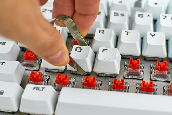 Person cleans a computer keyboard. Cleaning of computer equipment. Dusty mechanical keyboard. Mechanical keyboard switches.