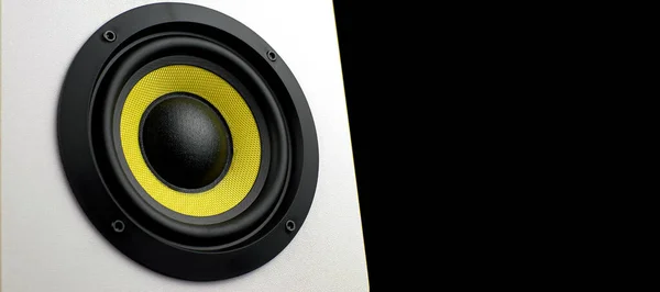 White Audio Speaker Isolate Black Background Subwoofer Close Minimalistic Audio — Stock Photo, Image