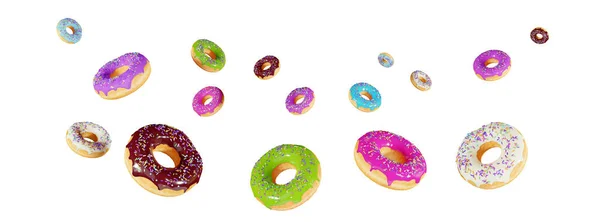 Caindo Donuts Envidraçados Com Polvilhas Isolado Fundo Branco Design Banner — Fotografia de Stock