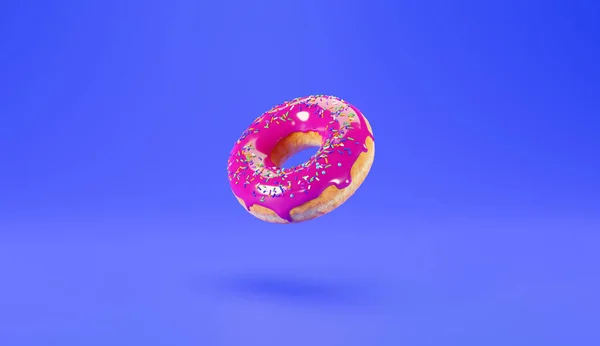 Donut Avec Glaçage Rose Sur Fond Bleu Illustration Délicieux Beignet — Photo