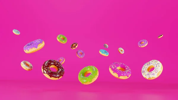 Donuts Acristalados Cayendo Con Aspersiones Sobre Fondo Rosa Diseño Pancartas —  Fotos de Stock