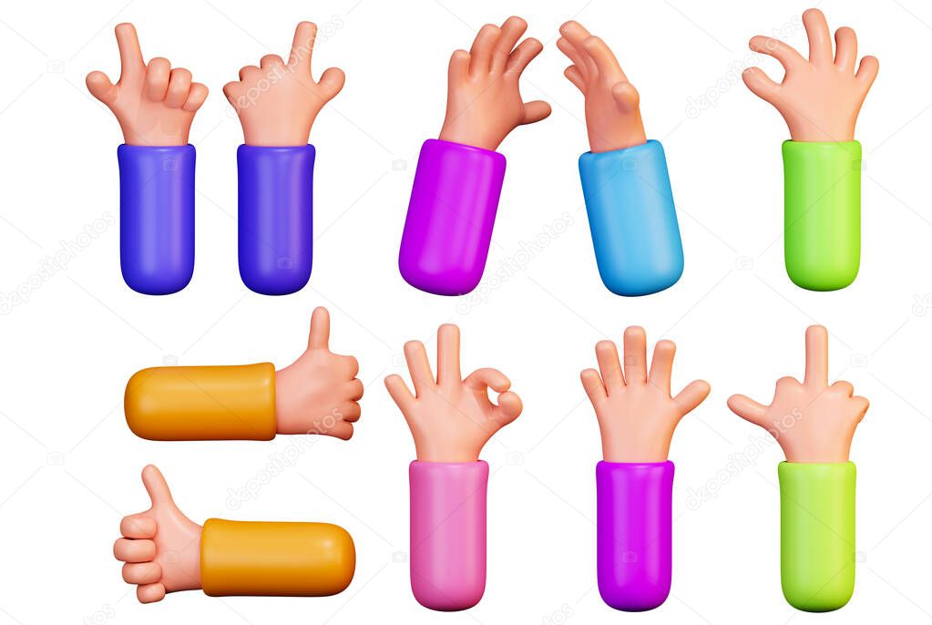 Set of cartoon hands with gestures. Hand gestures in a funny style, 3d rendering isolated on a white background. 3D hands gestures. 