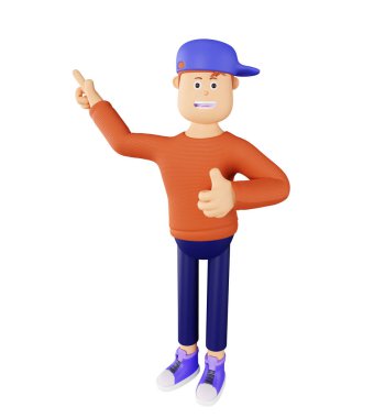 Turuncu kazaklı ve kepli genç bir çizgi film karakteri. 3D karakter onay veriyor. Çizgi film karakteri parmağını boş bir yere doğrultuyor. Reklam için 3D oluşturma.