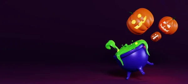 Creepy Banner Halloween Rendering Pumpkins Cauldron Green Slime Copy Space — Stock Photo, Image