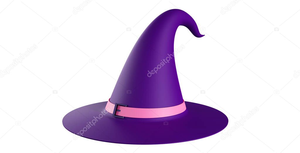 Witch's hat, isolated on a white background. 3d illustration of a cartoon witch hat. Halloween symbol, 3d rendering