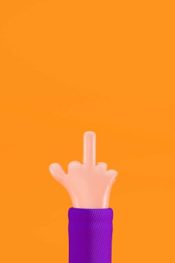 Cartoon hand shows the middle finger, 3d render. Fuck you hand sign isolated on an orange background. Cartoon character hand gesture, 3d illustration.