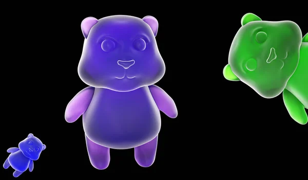 Multicolored jelly bean bears isolated on a black background. Jelly bears fruit gummy. Gummy bear candy, 3d render