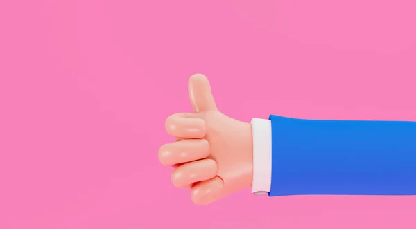 ビジネススーツを手に取ると親指が立ち上がる ビジネスマンの漫画の手は 承認のジェスチャーを示しています 男はジェスチャーのように示し ピンクの背景に親指を維持し 3Dレンダリング — ストック写真