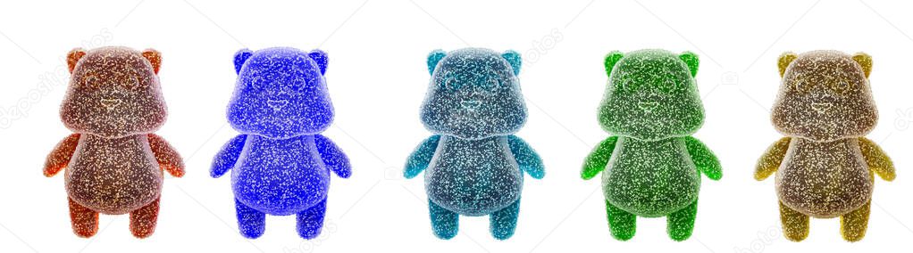 Multicolored jelly bean bears isolated on a white background. Jelly bears fruit gummy. Gummy bear candy, 3d render.
