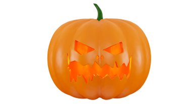 Balkabağı beyaz arka planda izole edilmiş, 3D görüntüleme. Korkunç Jack O Lantern Cadılar Bayramı balkabağı. Cadılar Bayramı tasarımı.
