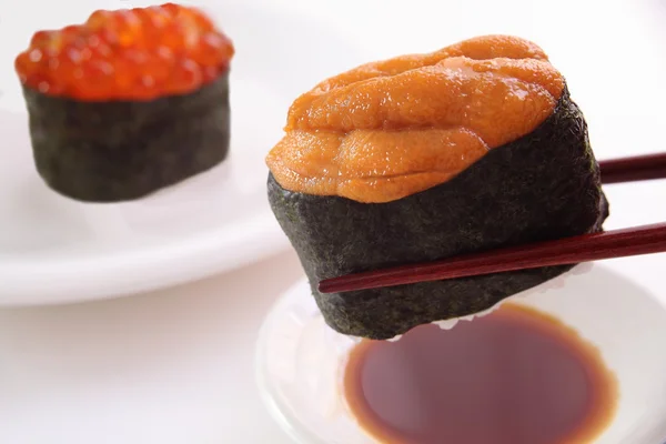 Sushi of sea urchin and salmon roe — Stok Foto