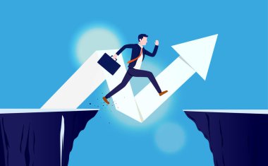 Risk ve ödül - iş adamı başarıya ulaşmak için uçurumdan atlıyor. Arkaplanda yukarıya bakan ok. Korkuyu yenmek, durdurulamaz çalışan, büyük hırs konsepti. Vektör.