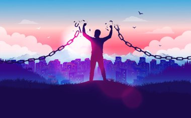 Break free from the chains - Man on hilltop braking the chains with sunrise and city in background. Freedom, liberation, hope and justice concept in vector illustration. clipart
