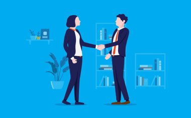 Ofiste tokalaşan iki kişi arasındaki el sıkışma. Kadın lider, satıcı kadın anlaşması, ortaklık, eşitlik ve anlaşma konsepti. Vektör illüstrasyonu.