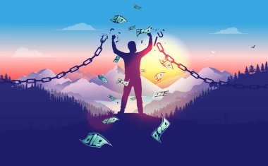 Ekonomik özgürlüğe ulaşmak için zincirleri kır. Güneş doğarken, para yağarken, zincir kırarken kazanan, girişimci, güçlü finans adamı konsepti. Vektör illüstrasyonu.