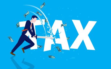 Cut tax - Man cutting the word tax with sword. Tax reduction and lower taxes concept. Vector illustration. clipart