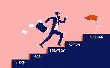 Steps to success - businessman running up a stairway with the words: vision, goal, strategy, action and success. Business, career and personal goals concept. Vector illustration. clipart
