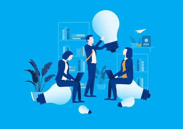 アイデアの仕事 オフィス ビジネス 大きなアイデア チームワーク ベクトルイラスト 電球を保持する3人のアイデアに取り組んでいます 会議ワークショップ成長ハック広告 — ストックベクタ