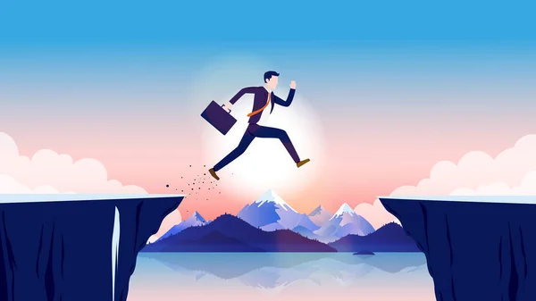 Business Obstacle Businessman Taking Risk Jumping Gap Open Landscape Sunlight — Vector de stock