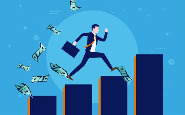 Başarılı bir şirket işadamı evrak çantalı bir işçi yükselen bir grafikle etrafta para uçuşurken. Finansal başarı, kariyer gelişimi, sıkı çalışma konsepti kazandırır. Görüntü
