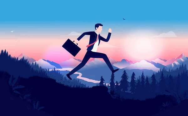 Llegando Tarde Reunión Empresario Traje Corriendo Tarde Través Del Paisaje — Vector de stock