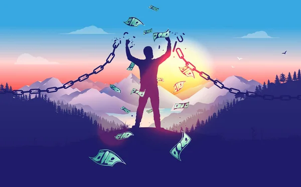 Break Chains Accomplish Financial Freedom Man Breaking Free Sunrise Money — Stock Vector