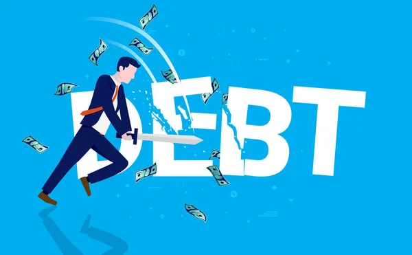 借金を減らす ビジネスマンは剣で単語の負債を切る お金が飛んで 青い背景 スライスし 債務の概念を取り除く ベクターイラスト — ストックベクタ