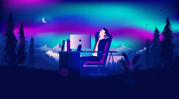 Daydreaming Work Corporate Businessman Relaxing Dreaming Another Place His Office — Vector de stock