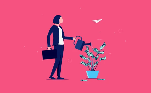 Geld Wachstum Frau Weibliche Person Die Eine Blume Mit Wachsendem — Stockvektor