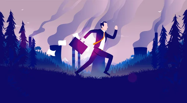 Politician Running Climate Change Man Running Briefcase Landscape Pollution Escaping — Stock Vector