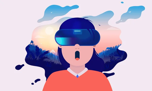 Experiência Incrível Garota Usando Headset Realidade Virtual Vendo Uma Mandíbula — Vetor de Stock