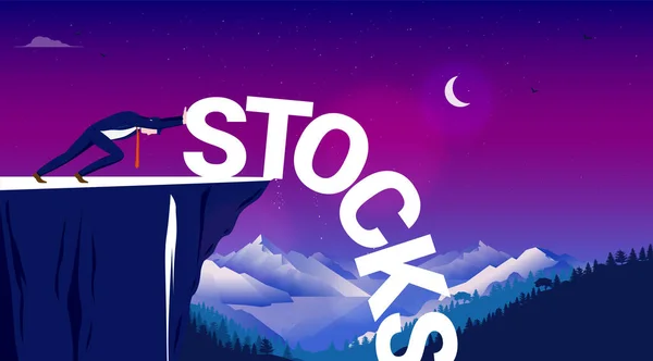 Stocks Queda Homem Empurrando Palavra Stocks Sobre Penhasco Metáfora Para —  Vetores de Stock