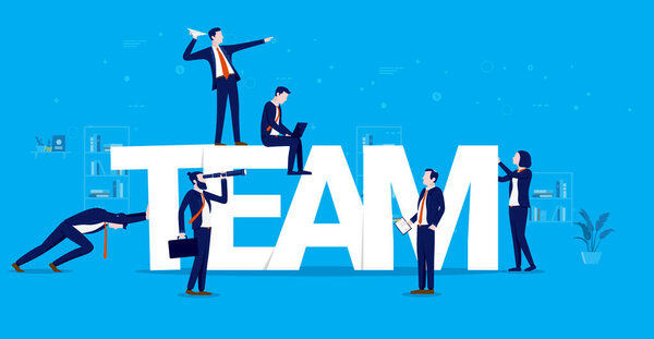 Мбаппе - группа людей, работающих над словом team и вокруг него. Концепция построения команды и сотрудничества. Иллюстрация бизнес-вектора.