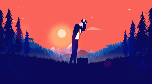 Laid Unemployed Man Feeling Unhappy Worried Alone Forest Red Sky — Stock Vector