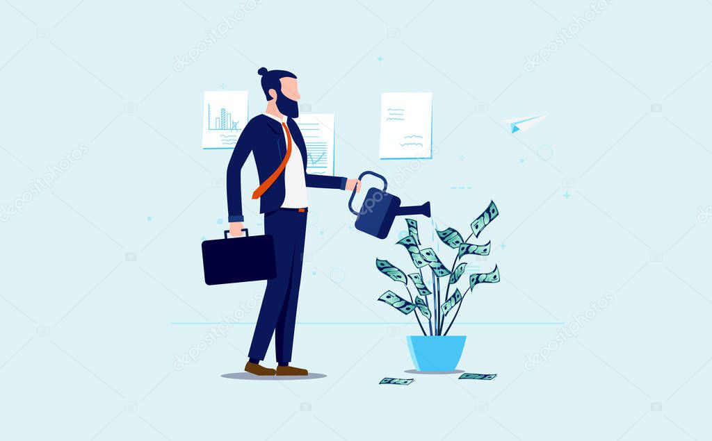 Money growth - Modern man watering a flower with growing cash. Investing, savings and fund concept. Vector illustration.